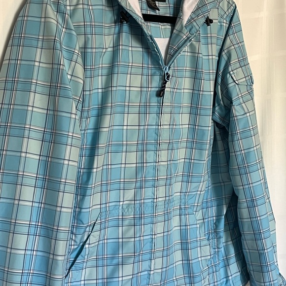 Eddie Bauer Hooded Jacket Womens SZ Large Full Zip Blue Plaid Pocket On Sleeve - Picture 5 of 9
